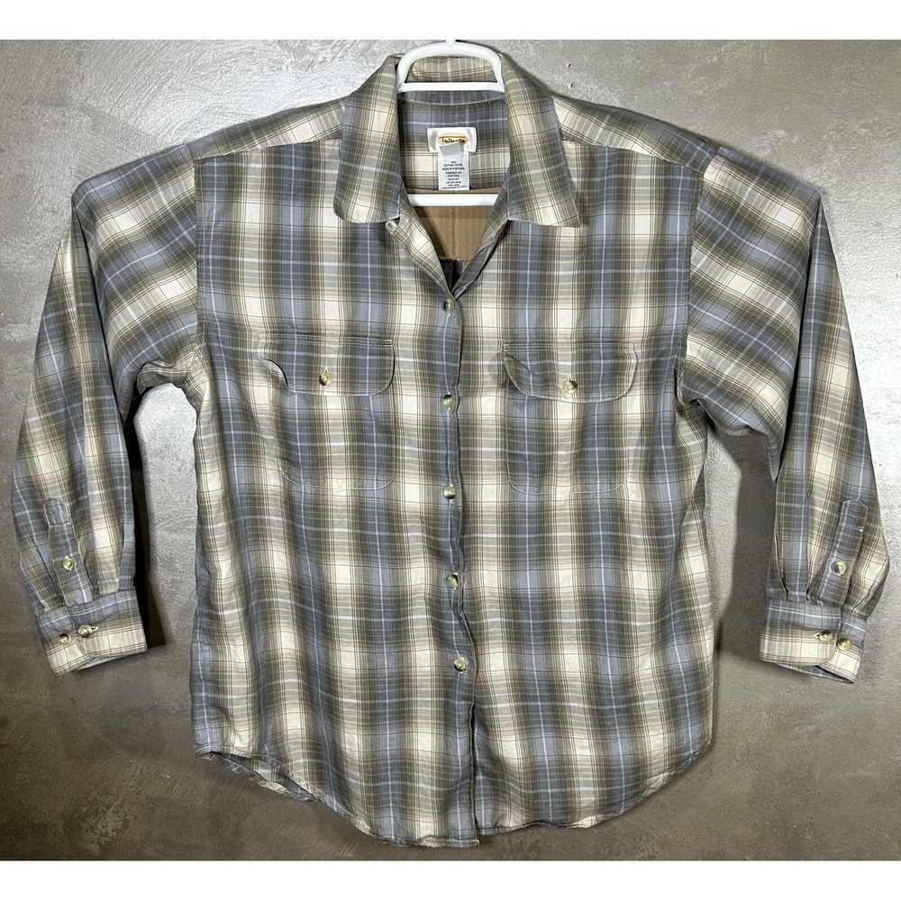 Talbots Plaid Cottonโ Blue Gray Long Sleeve Button Down Size Large